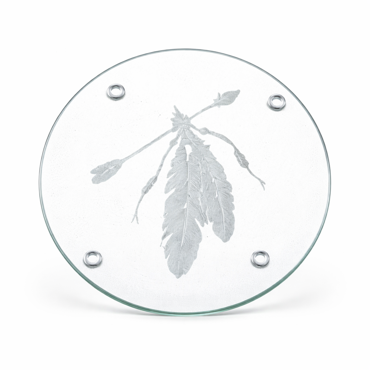 Etched Glass Feather Trivet | Round Cutting Board | Deep Carved Sandblasted Glass | Expressive DeZien