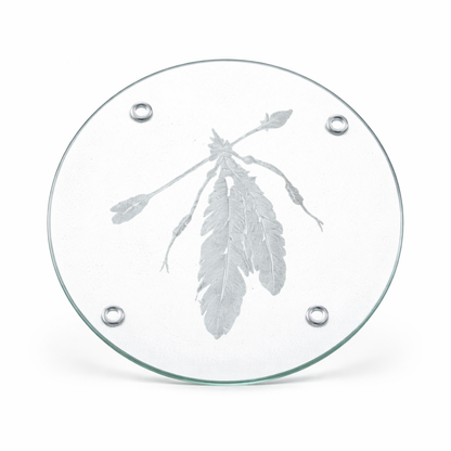 Etched Glass Feather Trivet | Round Cutting Board | Deep Carved Sandblasted Glass | Expressive DeZien