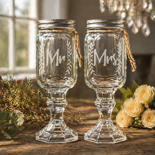 Rustic Wedding Toasting Glasses | Mr & Mrs Mason Jar Toasting Set | Personalized Handmade | Deep Etched Glass | Expressive DeZien
