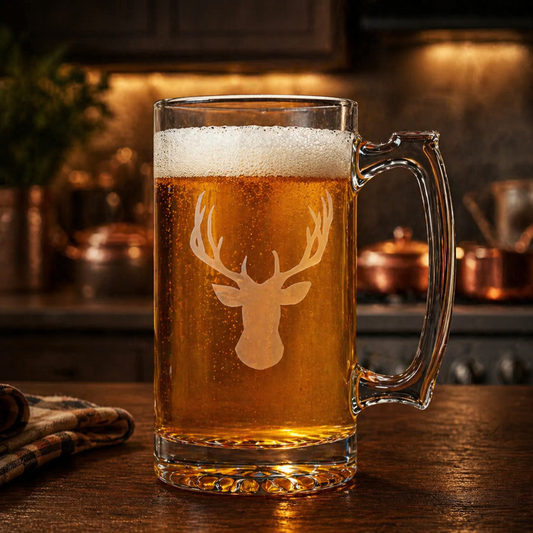 Etched Tavern Beer Mug 26.5oz | Deer Mount Head | Deep Carved Sandblasted Glass | Expressive DeZien