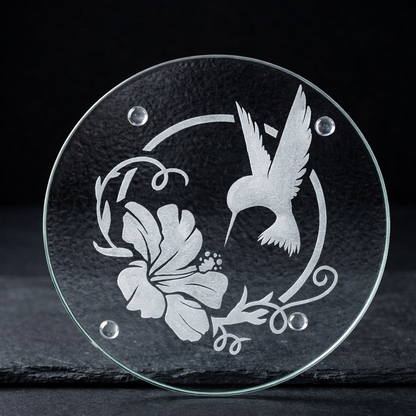 Glass Trivet | Hummingbird Hibiscus | Deep Carved Sandblasted & Etched Glass | Expressive DeZien