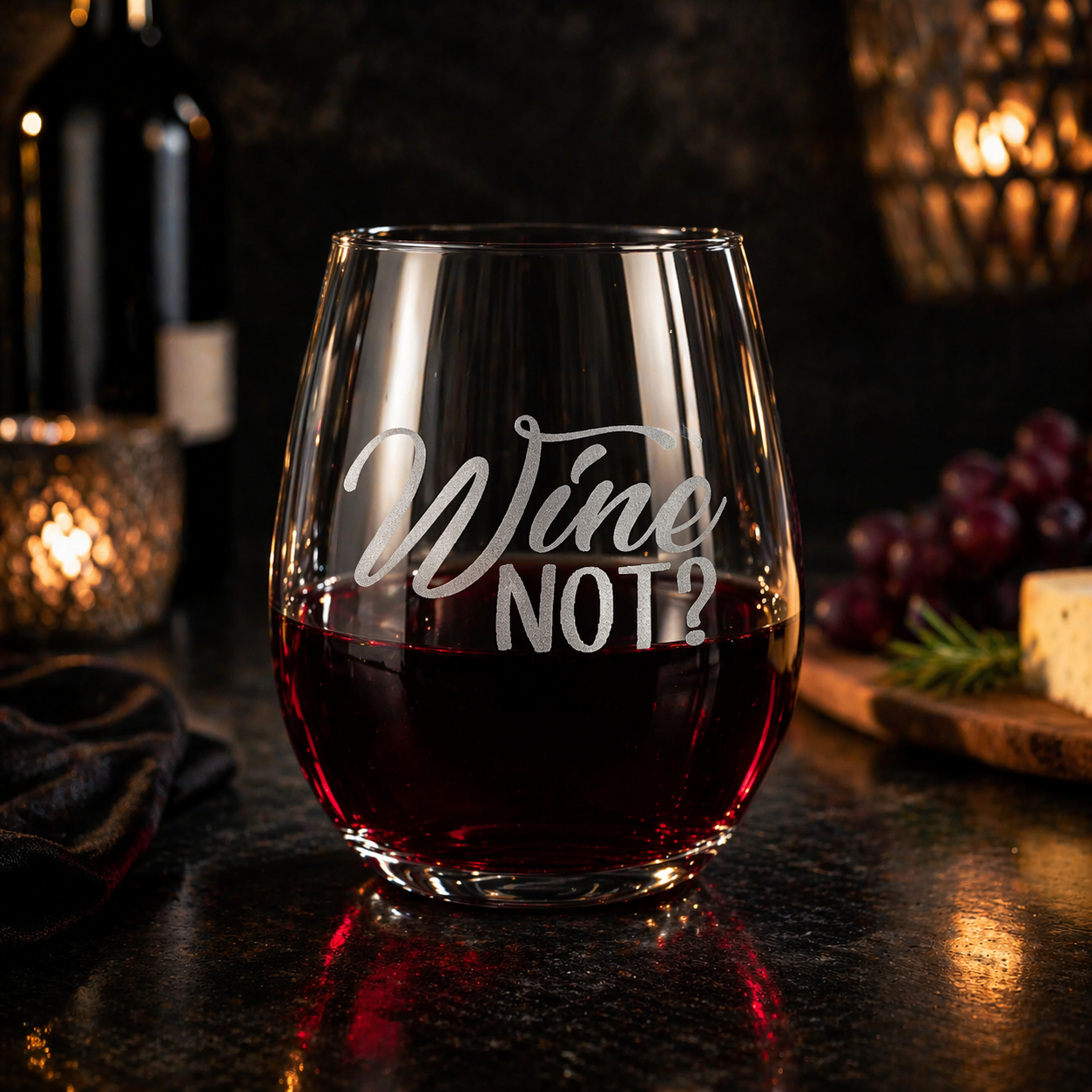 Etched Stemless Wine Glass 20.5oz | Wine Not | Deep Carved Sandblasted Glass