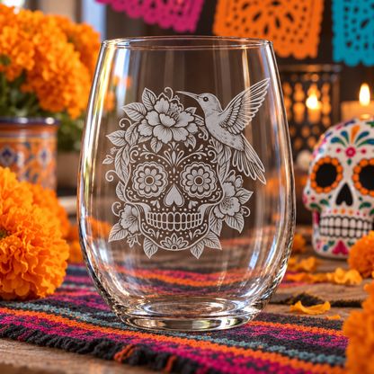 Etched Stemless Wine Glass 20.5oz | Day of the Dead Hummingbird Hibiscus Sugar Skull | Deep Carved Sandblasted Glass | Expressive DeZien