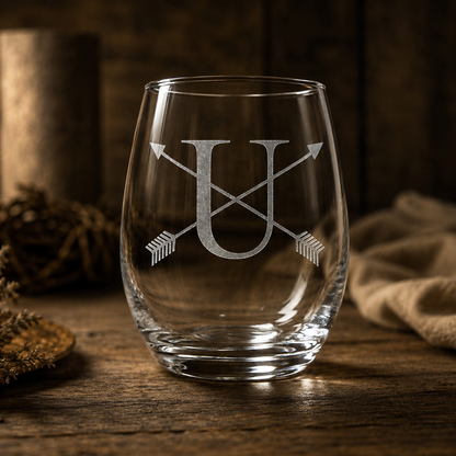Crossed Arrow Monogram Etched Stemless Wine Glass | 20.5 oz