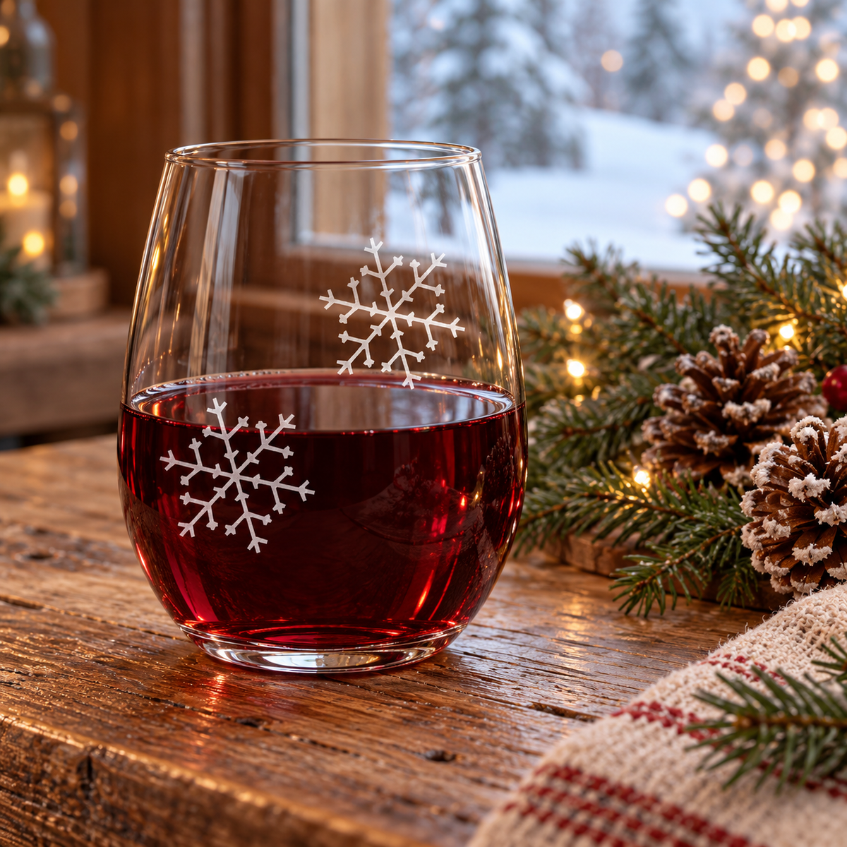 Arctic Elegance Snowflake design, permanently sandblasted on a clear 20.5 oz stemless wine glass, product view 4