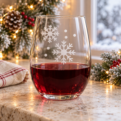 Icy Veil Snowflake design, permanently sandblasted on a clear 20.5 oz stemless wine glass, product view 1