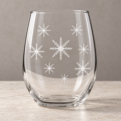 Iridescent Swirl Snowflake design, permanently sandblasted on a clear 20.5 oz stemless wine glass, product view 5