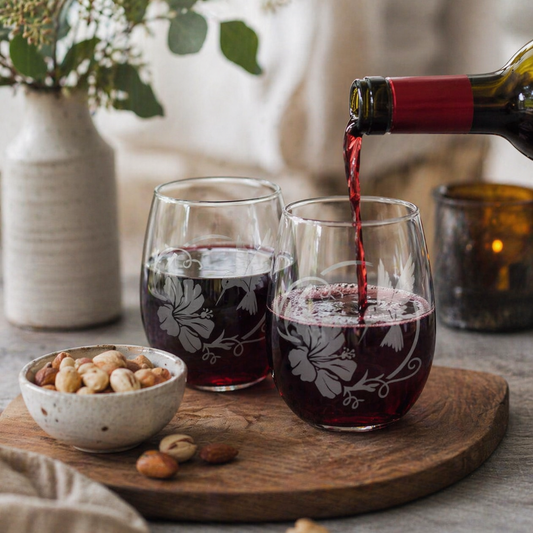 Etched Stemless Wine Glass 20.5oz | Hummingbird Hibiscus | Deep Carved Sandblasted Glass | Expressive DeZien