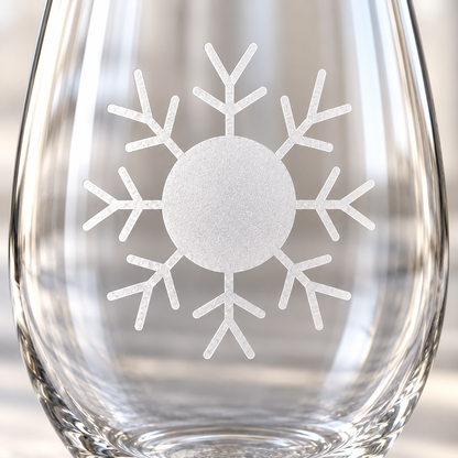 Polar Splendor Snowflake design, permanently sandblasted on a clear 20.5 oz stemless wine glass, product view 2