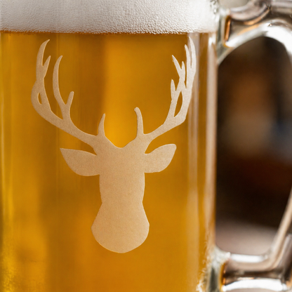 Etched Tavern Beer Mug 26.5oz | Deer Mount Head | Deep Carved Sandblasted Glass | Expressive DeZien