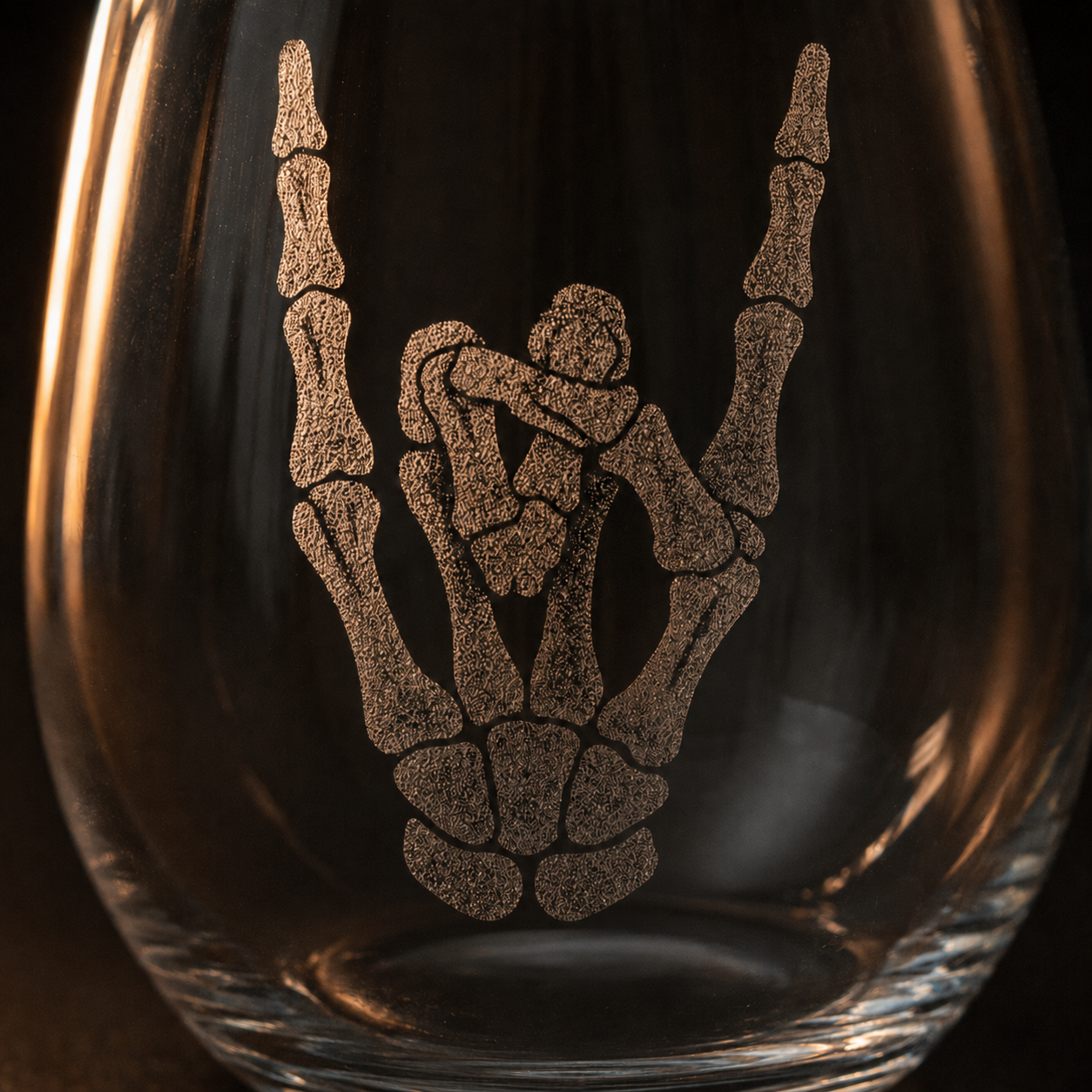 Etched Stemless Wine Glass 20.5oz | Rock On Skeleton Hand | Deep Carved Sandblasted Glass | Expressive DeZien