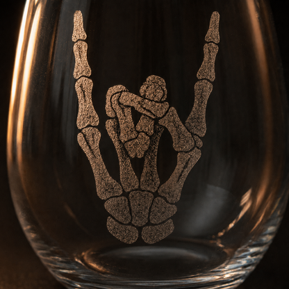 Etched Stemless Wine Glass 20.5oz | Rock On Skeleton Hand | Deep Carved Sandblasted Glass | Expressive DeZien
