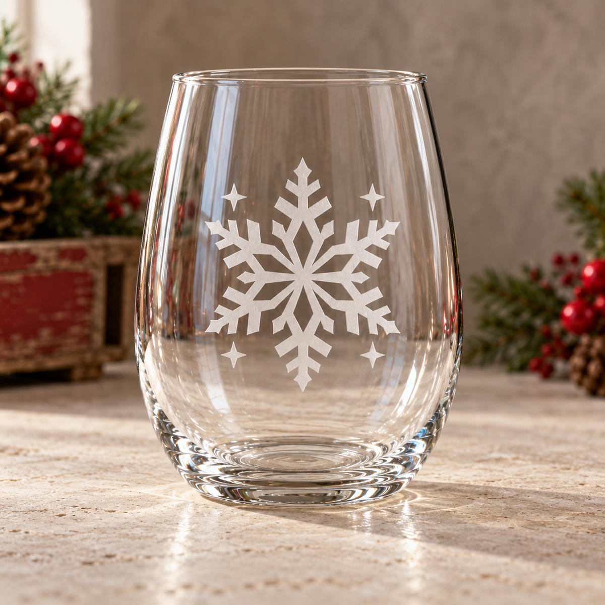 Retro Snowfall geometric snowflake deep sandblasted on a clear 20.5 oz stemless wine glass, product photograph 3