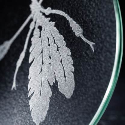 Etched Glass Feather Trivet | Round Cutting Board | Deep Carved Sandblasted Glass | Expressive DeZien