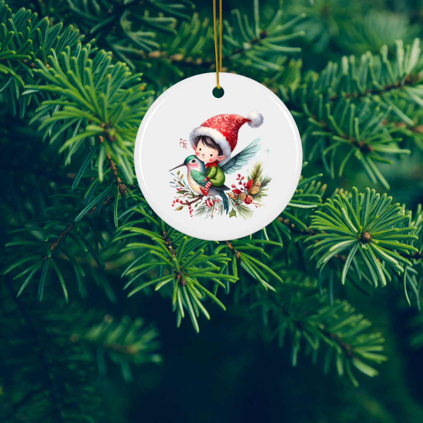 Christmas Hummingbird with Elf Rider - Christmas Ornament - Expressive DeZien 