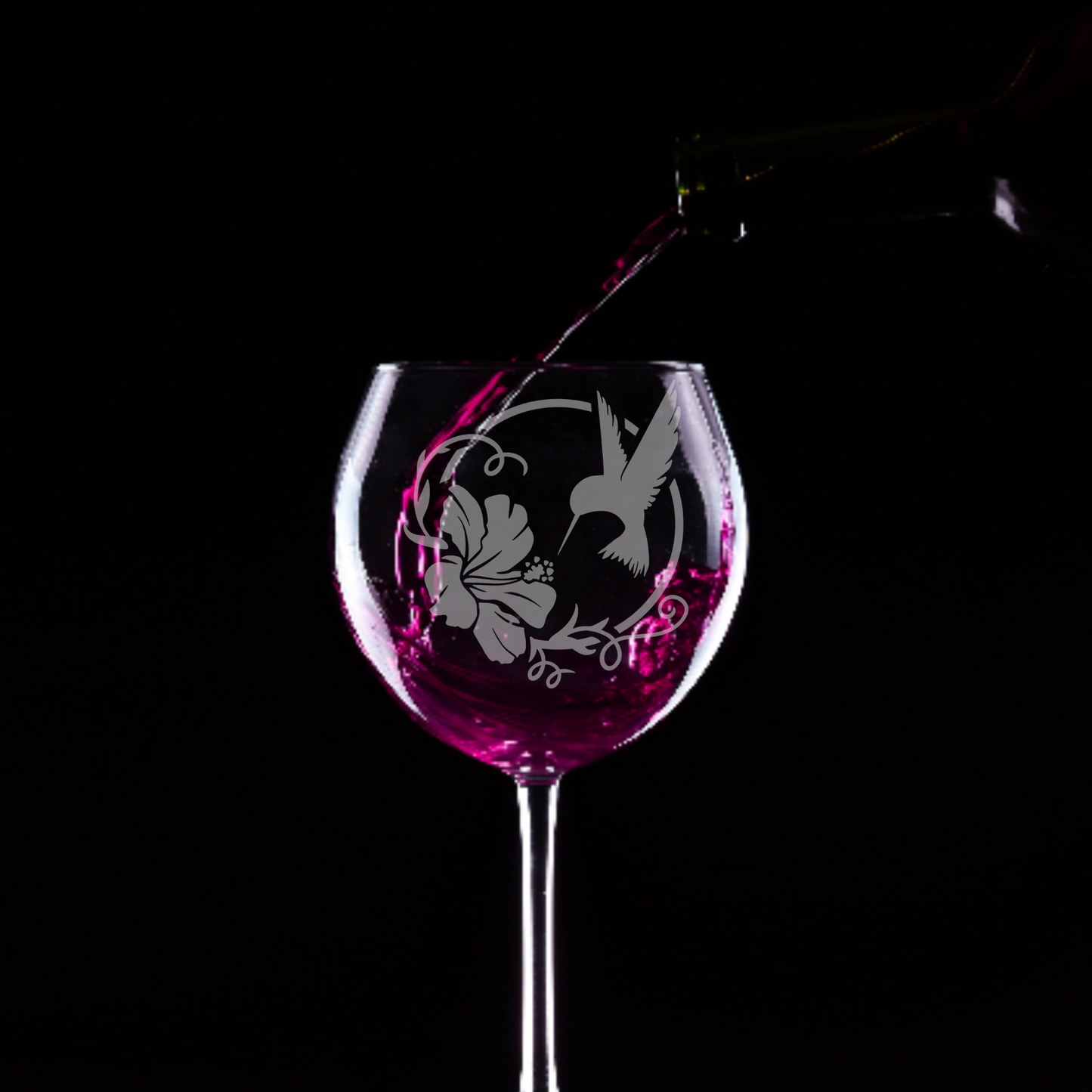 Limited Edition Hand-Etched Red Wine Glass with Hummingbird and Hibiscus Design | 18.5oz - Expressive DeZien 