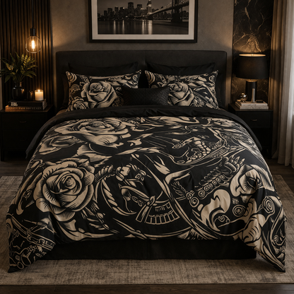 Vintage Tattoo Comforter | Black and Cream | Roses Swallows and Anchors