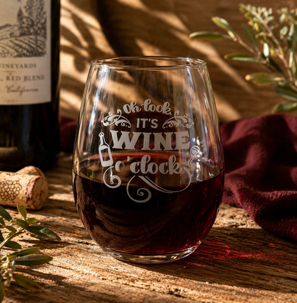 Etched Stemless Wine Glass 20.5oz | Oh Look It's Wine O'Clock | Deep Carved Sandblasted Glass