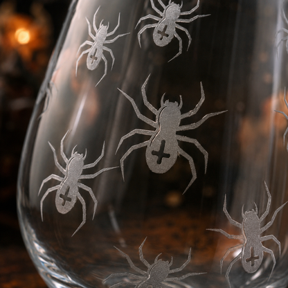 Etched Stemless Wine Glass 20.5oz | Spiders | Deep Carved Sandblasted Glass | Expressive DeZien