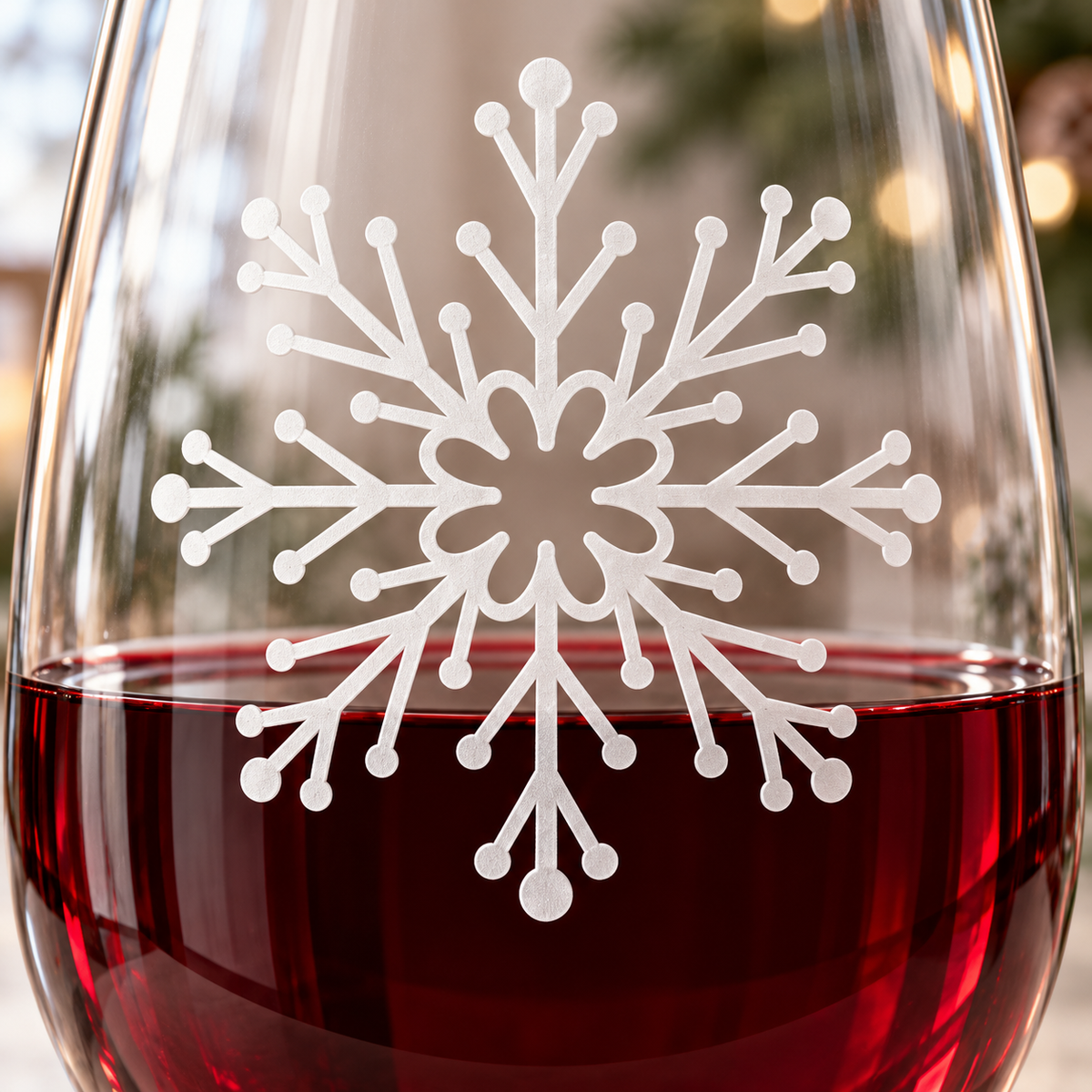 Queen's Whirl Snowflake design, permanently sandblasted on a clear 20.5 oz stemless wine glass, product view 2