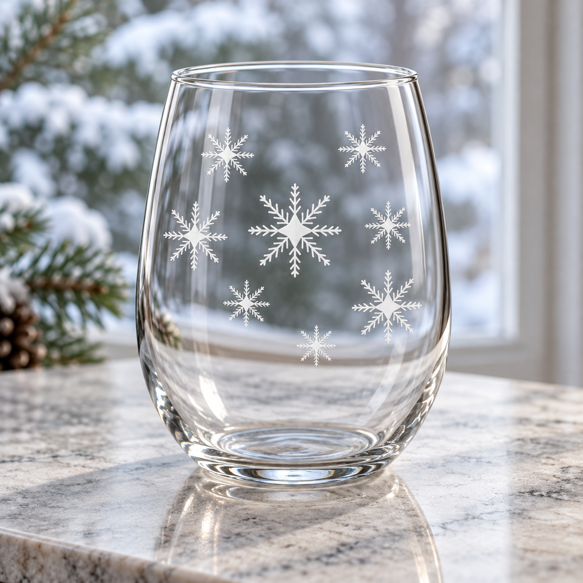 Iridescent Swirl Snowflake design, permanently sandblasted on a clear 20.5 oz stemless wine glass, product view 3