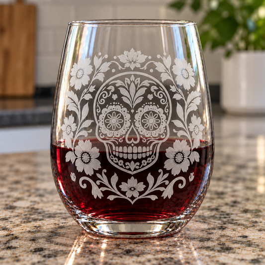 Etched Stemless Wine Glass 20.5oz | Day of the Dead Floral Sugar Skull | Deep Carved Sandblasted Glass | Expressive DeZien