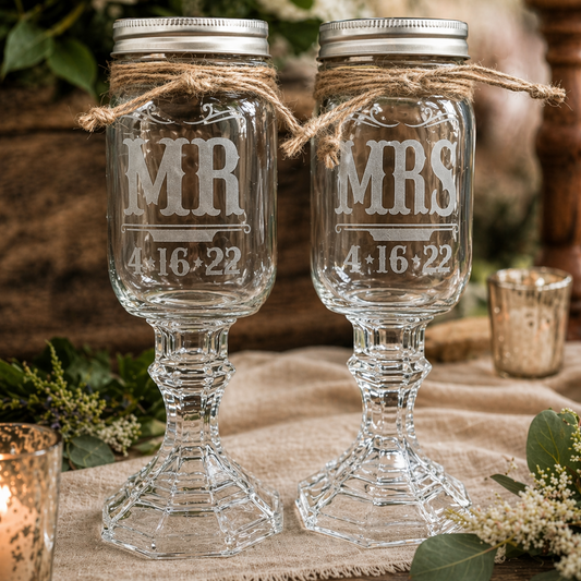 Rustic Wedding Toasting Glasses | Railroad Font | Personalized Handmade | Deep Etched Glass | Expressive DeZien