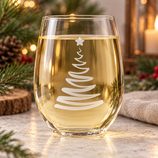 Peaceful Christmas Tree Etched Stemless Wine Glass | 20.5 oz