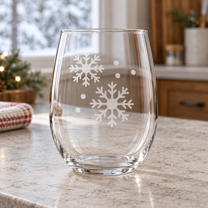 Icy Veil Snowflake design, permanently sandblasted on a clear 20.5 oz stemless wine glass, product view 3