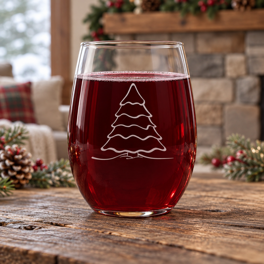 Elegant Christmas Tree Etched Stemless Wine Glass | 20.5 oz