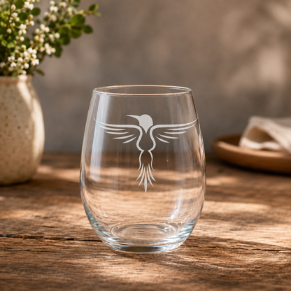 Rising Hummingbird Tribal Etched Stemless Wine Glass | 20.5 oz