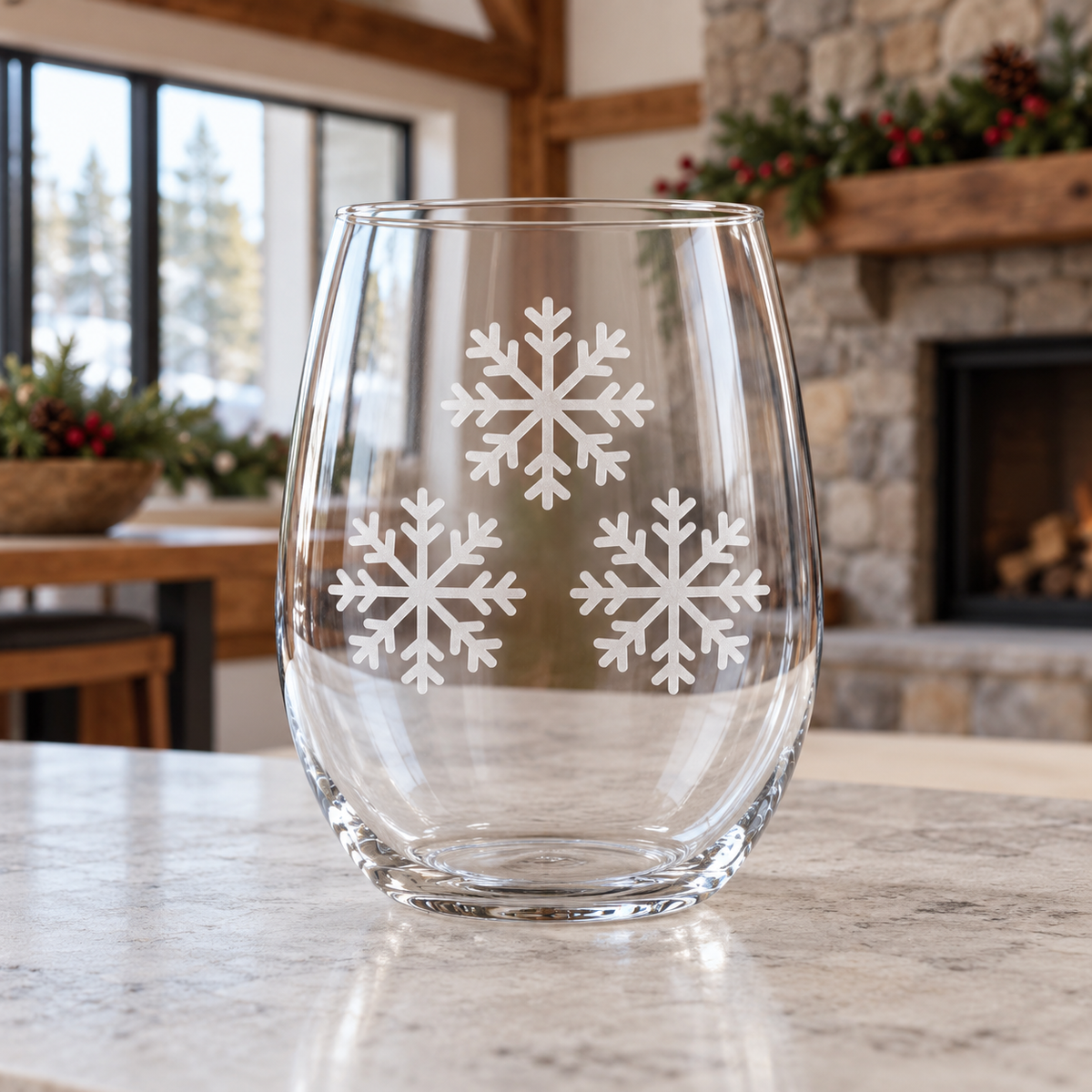 Frosty Lace Snowflake design, permanently sandblasted on a clear 20.5 oz stemless wine glass, product view 5