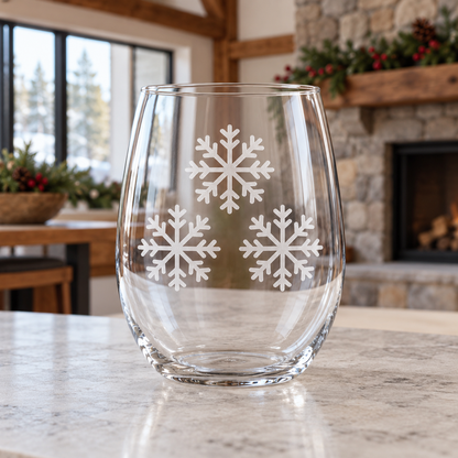 Frosty Lace Snowflake design, permanently sandblasted on a clear 20.5 oz stemless wine glass, product view 5