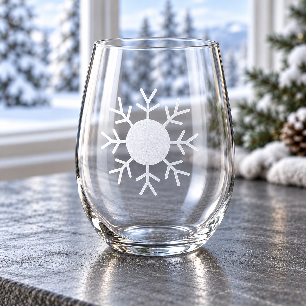 Polar Splendor Snowflake design, permanently sandblasted on a clear 20.5 oz stemless wine glass, product view 5