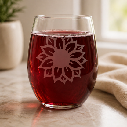 Etched Stemless Wine Glass 20.5oz | Personalized Sunflower | Deep Carved Sandblasted Glass | Expressive DeZien