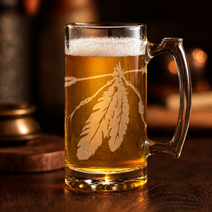Etched Tavern Beer Mug 26.5oz | Two Feathers | Deep Carved Sandblasted Glass | Expressive DeZien