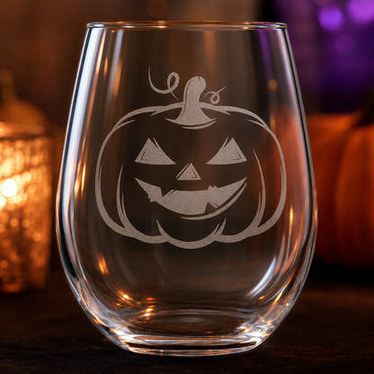 Etched Stemless Wine Glass 20.5oz | Halloween Pumpkin | Deep Carved Sandblasted Glass | Expressive DeZien