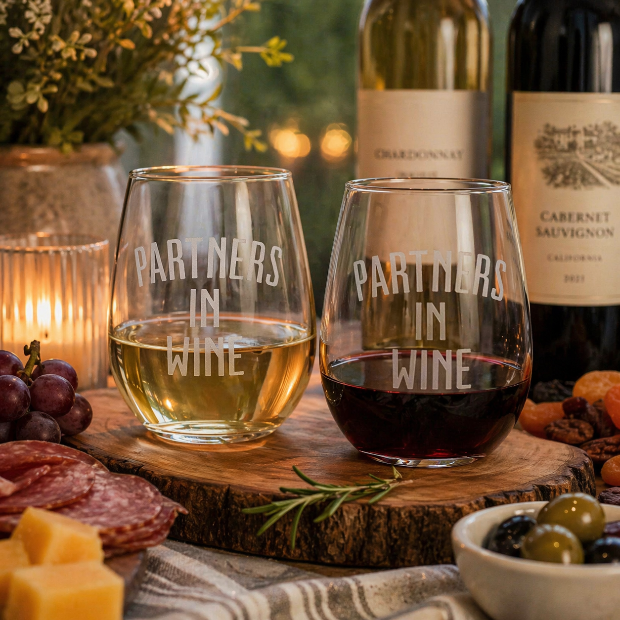 Etched Stemless Wine Glass 20.5oz | Partners in Wine | Deep Carved Sandblasted Glass | Expressive DeZien
