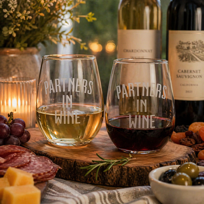 Etched Stemless Wine Glass 20.5oz | Partners in Wine | Deep Carved Sandblasted Glass | Expressive DeZien