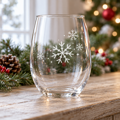 Frozen Symphony Snowflake design, permanently sandblasted on a clear 20.5 oz stemless wine glass, product view 1