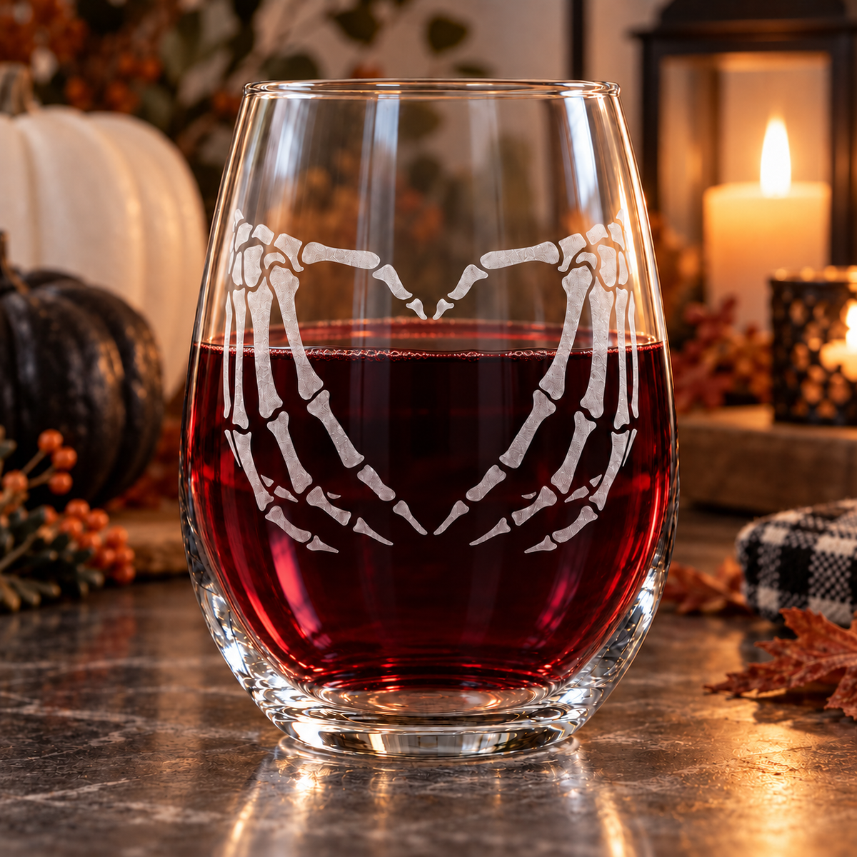 Etched Stemless Wine Glass 20.5oz | Skeleton Love | Deep Carved Sandblasted Glass | Expressive DeZien