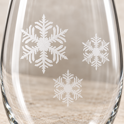 Celestial Frost Snowflake design, permanently sandblasted on a clear 20.5 oz stemless wine glass, product view 2