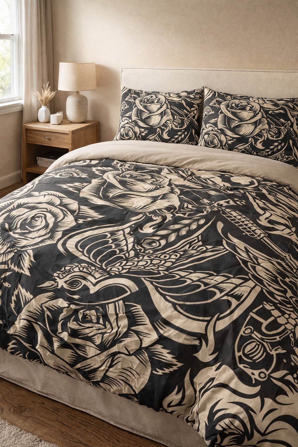 Vintage Tattoo Comforter | Black and Cream | Roses Swallows and Anchors