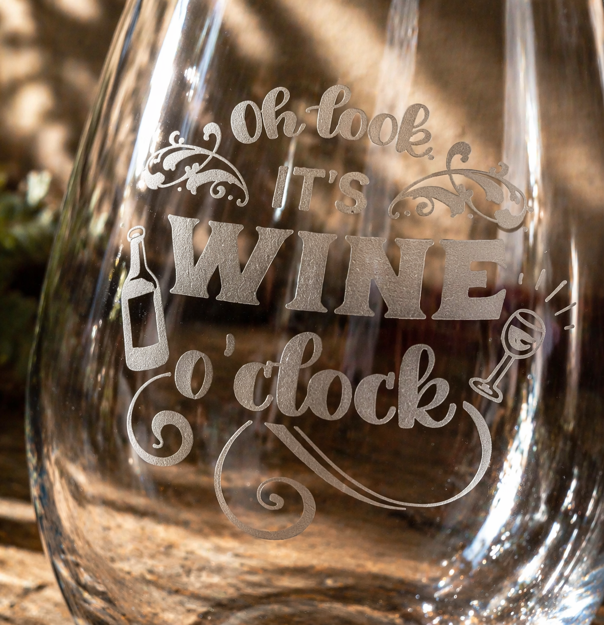 Etched Stemless Wine Glass 20.5oz | Oh Look It's Wine O'Clock | Deep Carved Sandblasted Glass