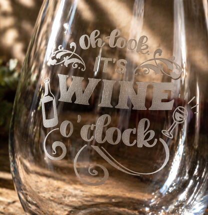 Etched Stemless Wine Glass 20.5oz | Oh Look It's Wine O'Clock | Deep Carved Sandblasted Glass