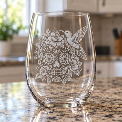 Etched Stemless Wine Glass 20.5oz | Day of the Dead Hummingbird Hibiscus Sugar Skull | Deep Carved Sandblasted Glass | Expressive DeZien