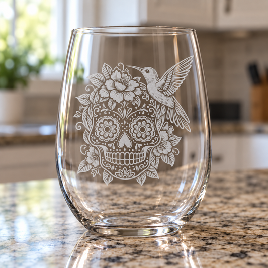 Etched Stemless Wine Glass 20.5oz | Day of the Dead Hummingbird Hibiscus Sugar Skull | Deep Carved Sandblasted Glass | Expressive DeZien