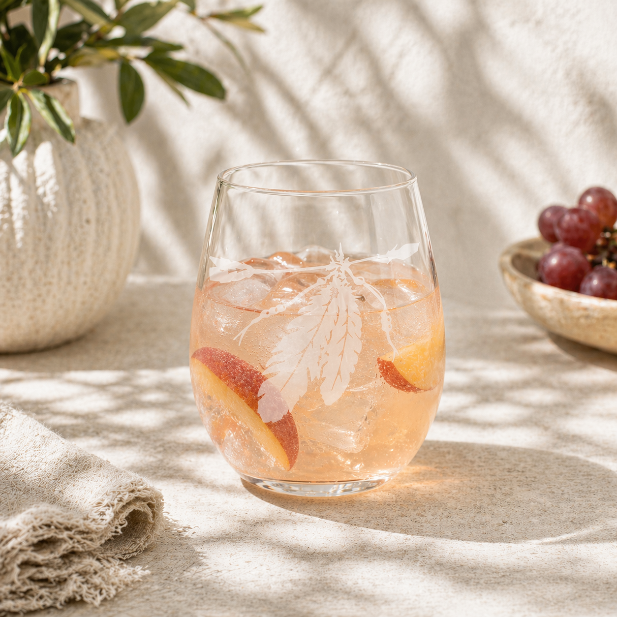 Etched Stemless Wine Glass 20.5oz | Two Feathers | Deep Carved Sandblasted Glass | Expressive DeZien