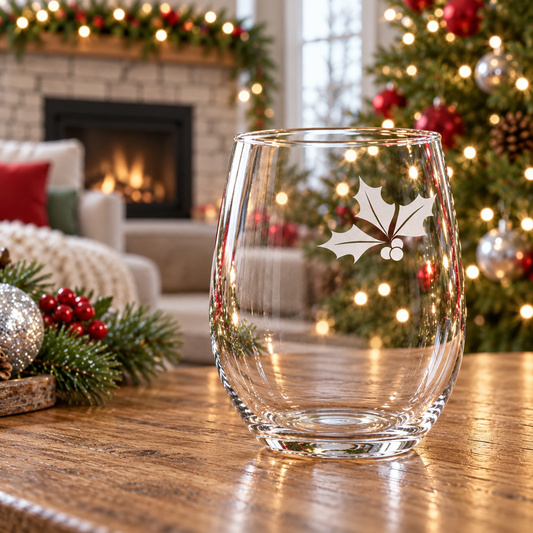 Christmas Holly Etched Stemless Wine Glass | 20.5 oz
