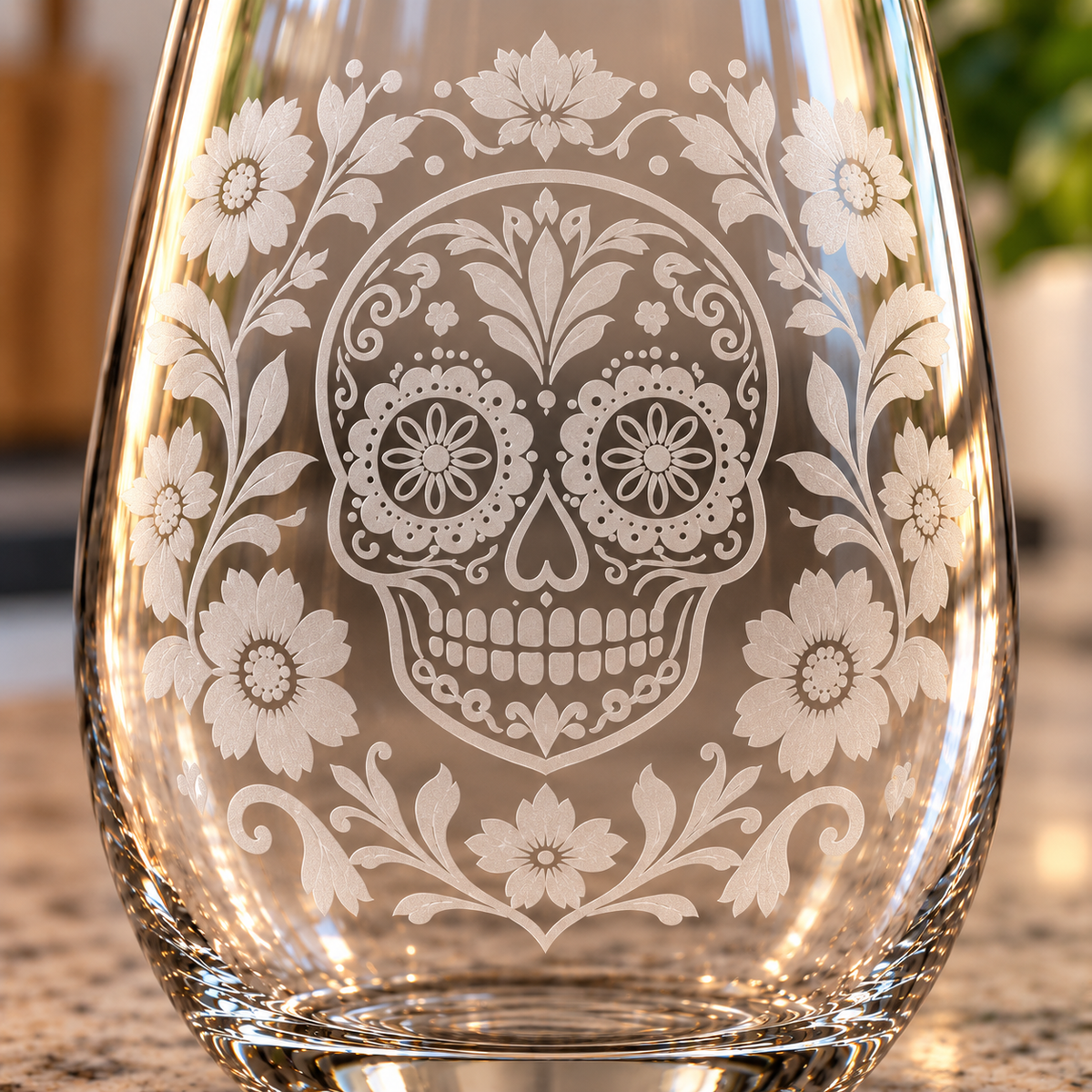 Etched Stemless Wine Glass 20.5oz | Day of the Dead Floral Sugar Skull | Deep Carved Sandblasted Glass | Expressive DeZien